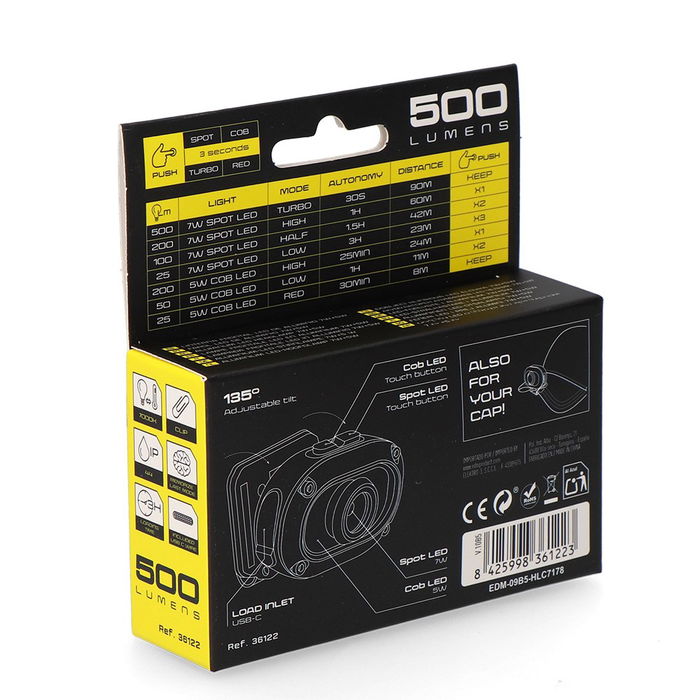 EDM Linterna Frontal WildTrack TX2 LED, Aluminio Recargable USB-C, 7W+5W, 500 Lúmenes, 4+3 Modos Luz, IP44, Inclinación Ajustable, 50x32x37 mm