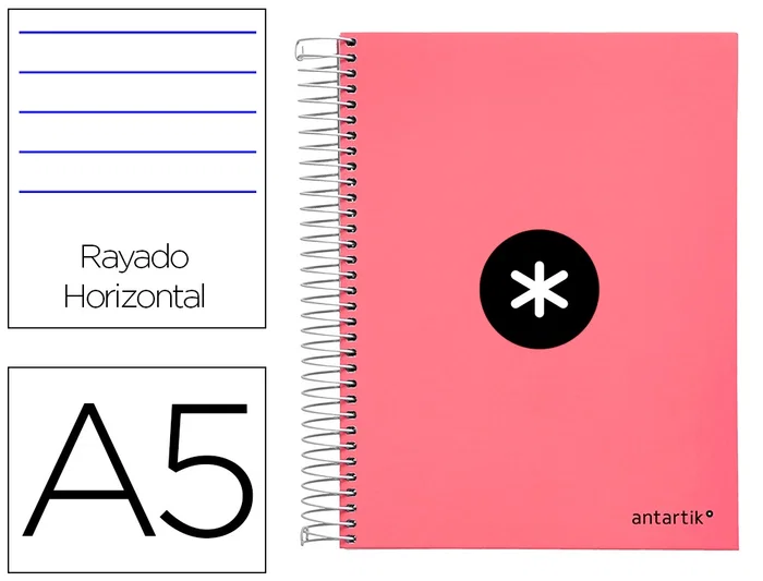 Antartik Cuaderno espiral A5 micro, 120 hojas, 100 gr, horizontal, 5 bandas, color coral Antartik Cuaderno espiral A5 micro, 120 hojas, 100 gr, horizontal, 5 bandas, color coral