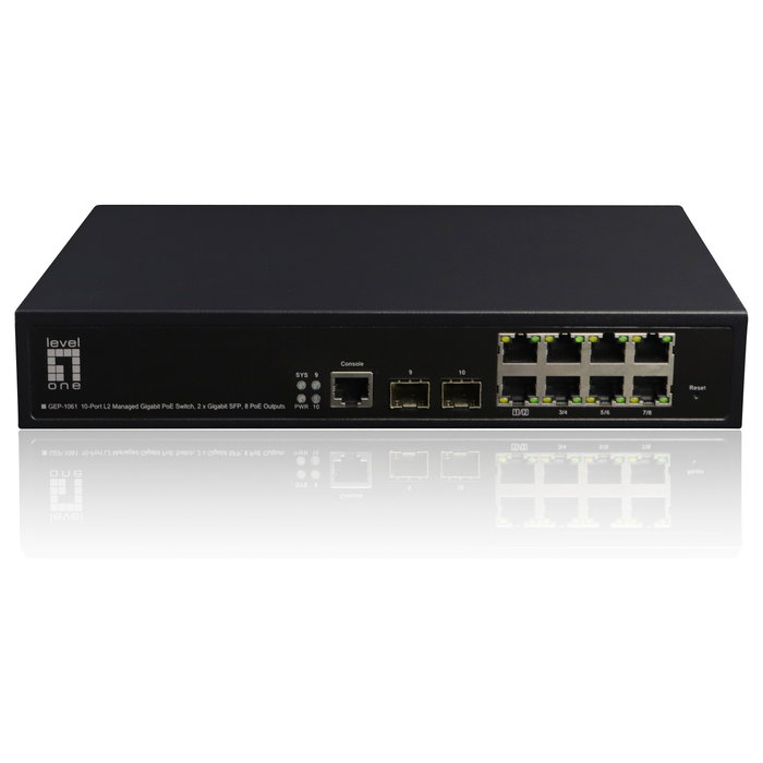 LevelOne GEP-1061 Switch gestionado L2 de 10 puertos con 8 puertos PoE+ y 2 puertos SFP LevelOne GEP-1061 Switch gestionado L2 de 10 puertos con 8 puertos PoE+ y 2 puertos SFP