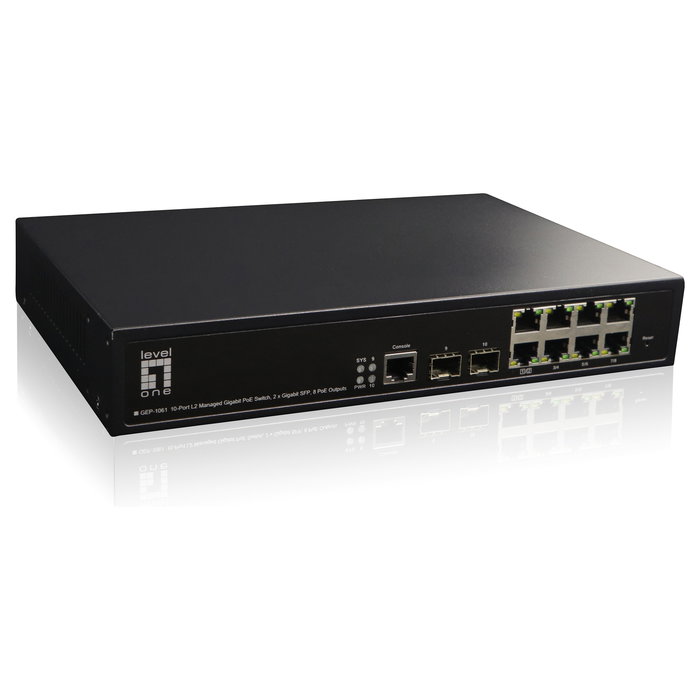 LevelOne Switch Gestionado GEP-1061, 8 Puertos Gigabit PoE+, 2 Puertos SFP, 125W PoE Budget, Montaje en Rack 19 Pulgadas