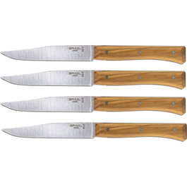 Opinel Set de Cuchillos de Mesa Facette de Madera de Olivo, 4 unidades de 11 cm de hoja de acero inoxidable