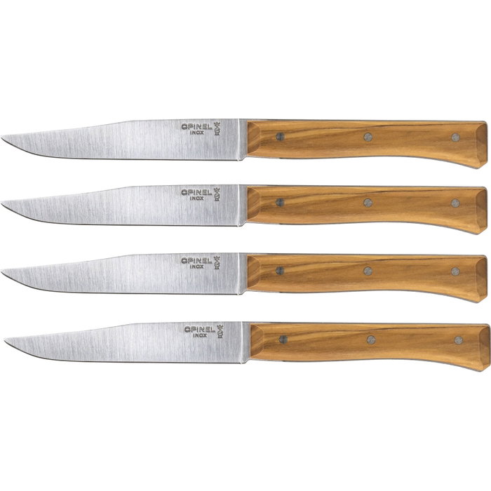 Opinel Set de Cuchillos de Mesa Facette de Madera de Olivo, 4 unidades de 11 cm de hoja de acero inoxidable Opinel Set de Cuchillos de Mesa Facette de Madera de Olivo, 4 unidades de 11 cm de hoja de acero inoxidable