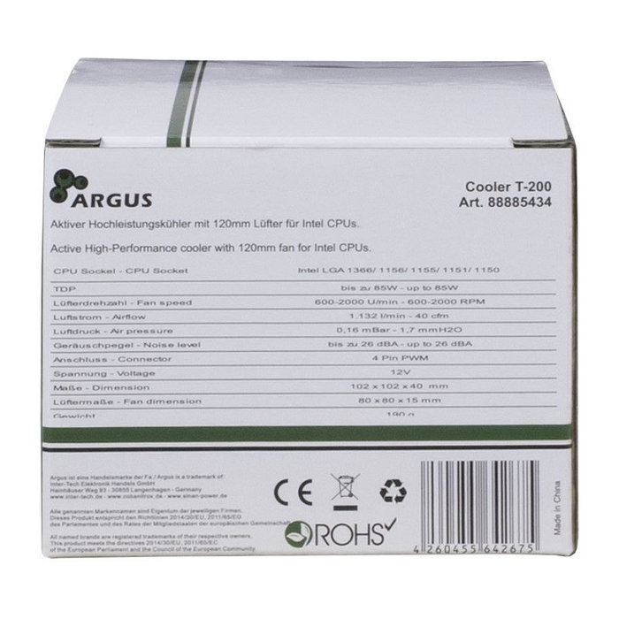 Dynatron Argus T-200 Enfriador de Procesador CPU - Compatible Intel LGA 1150/1151/1155/1156/1200/1366 - Ventilador 80mm PWM, Flujo de Aire 30.58 m³/h, TDP 85W - Negro y Naranja