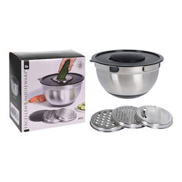 Excellent Houseware a12405340 Ensaladera con 3 Ralladores de Acero Inoxidable, Parte Inferior Antideslizante, Tapa de Plástico, 25x25x14 cm