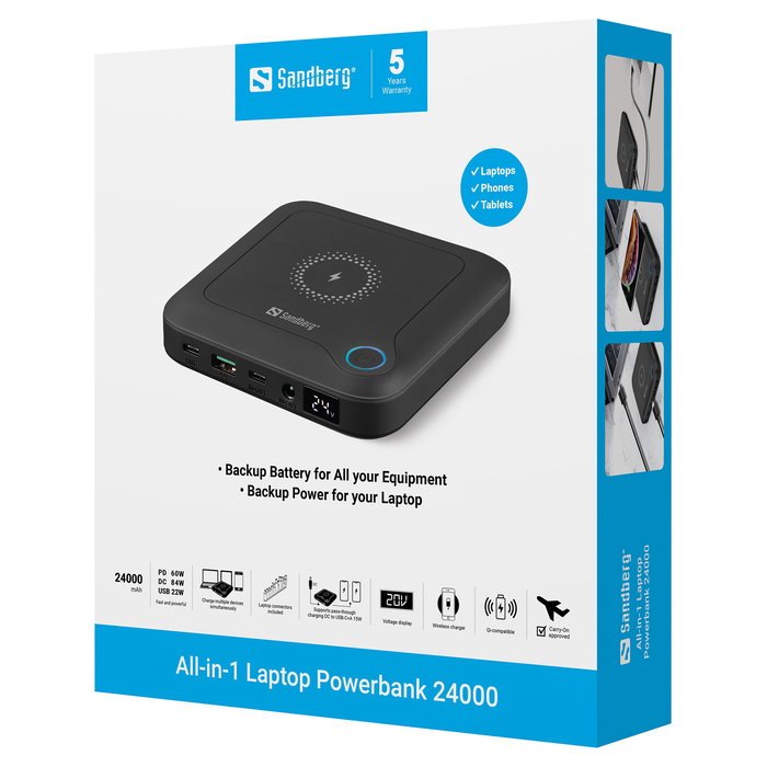 SANDBERG 420-57 Powerbank All-in-One 24000 mAh con Quick Charge 2.0 y Carga Inalámbrica - Negro