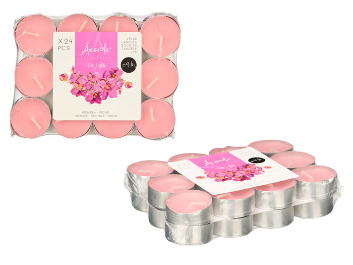Acorde Set 24 Velas Tea Light Aromáticas Orquídea 4 Horas de Duración 15 x 3 x 11.2 cm Cera y Aluminio Rosa (Set de 24)