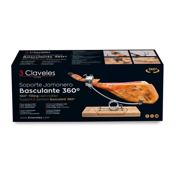 3 Claveles Jamonero Basculante 360° Giratorio, Soporte Jamonero Profesional con Bloqueo Automático, 50 x 19,5 cm