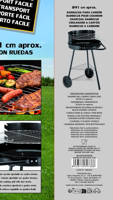 Inde Barbacoa Redonda de Carbón Bbq, 41 cm de Diámetro, Dimensiones Totales 44.4 x 13.6 x 43.6 cm (2 Unidades)