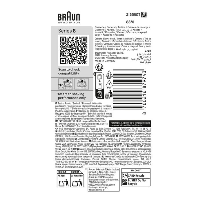 Braun Series 8 Cabezal de Afeitado Recambio 3 Hojas, Negro Acero Inoxidable, 83M, Compatible con Series 8