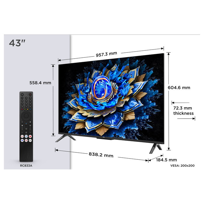 TCL 43T69C - Televisor 43 Pulgadas 4K UHD Smart TV, Google TV, Dolby Vision/Atmos, HDR10+, 60 Hz, 3xHDMI 2.1, AMD FreeSync, Diseño Sin Marco, Color Negro