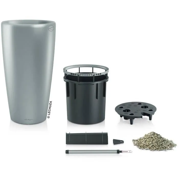 Maceta Rondo Premium 40 - LEC - Kit completo - Plata metalizado - Alto 75 cm - Materiales polipropileno