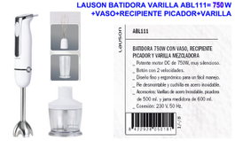 LAUSON Batidora de Varilla ABL111 750 W con Vaso y Recipiente Picador