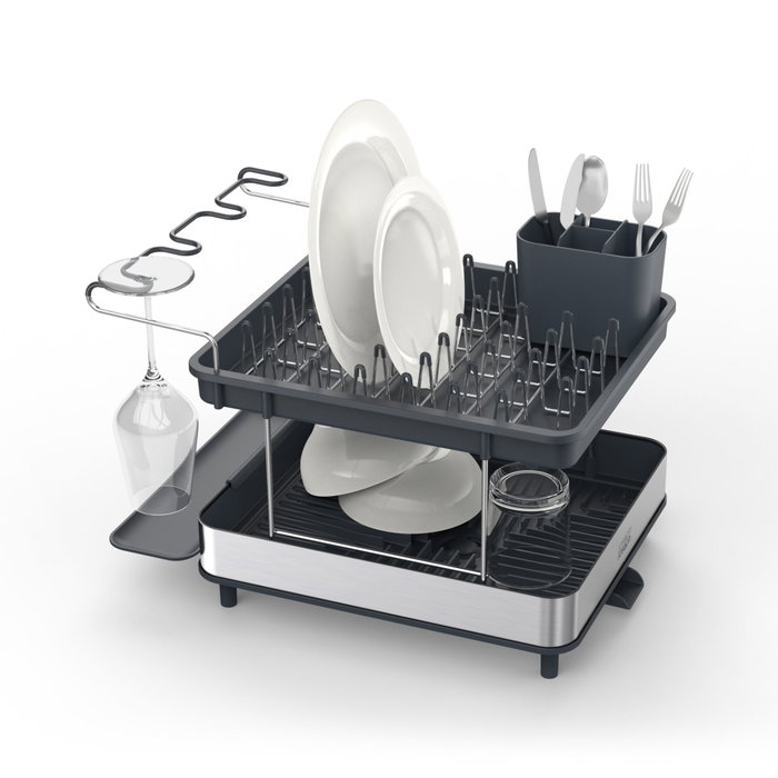 Joseph Joseph Excel Escurridor de platos de acero inoxidable de 2 niveles con bandeja de goteo de acero