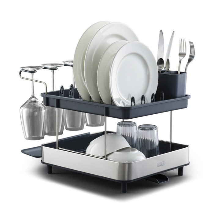 Joseph Joseph Excel Escurridor de platos de acero inoxidable de 2 niveles con bandeja de goteo de acero