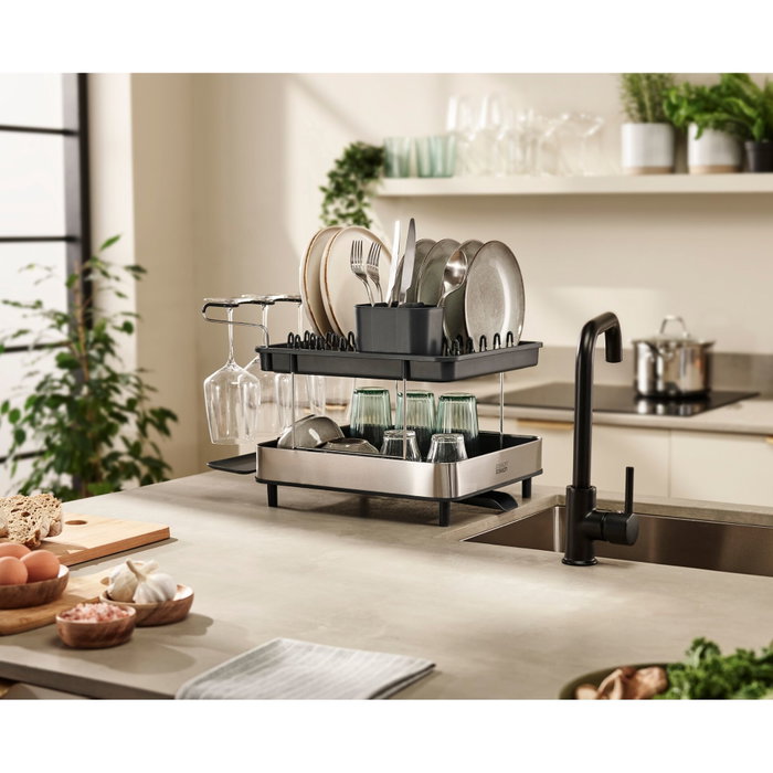 Joseph Joseph Excel Escurridor de platos de acero inoxidable de 2 niveles con bandeja de goteo de acero