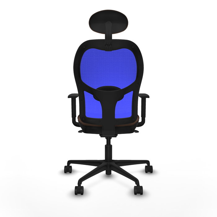 Silla de oficina Jorquera con mecanismo Sincro tapizada con Tela color Marrón oscuro y malla color Azul. Equipada con lumbar 1D, Brazos 1D, Cabecero Fijo y Ruedas 65mm nailon