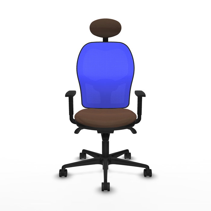 Silla de oficina Jorquera con mecanismo Sincro tapizada con Tela color Marrón oscuro y malla color Azul. Equipada con lumbar 1D, Brazos 1D, Cabecero Fijo y Ruedas 65mm nailon
