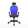 Silla de oficina Jorquera con mecanismo Sincro tapizada con Tela color Marrón oscuro y malla color Azul. Equipada con lumbar 1D, Brazos 1D, Cabecero Fijo y Ruedas 65mm nailon