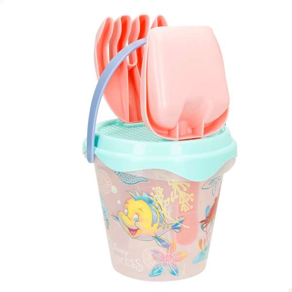 Cubo playa la sirenita 14cm con cedazo, pala, rastillo y 1 molde