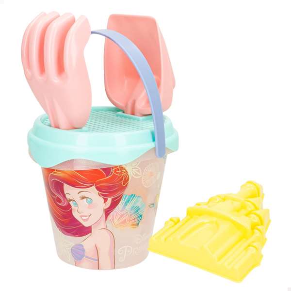Cubo playa la sirenita 14cm con cedazo, pala, rastillo y 1 molde