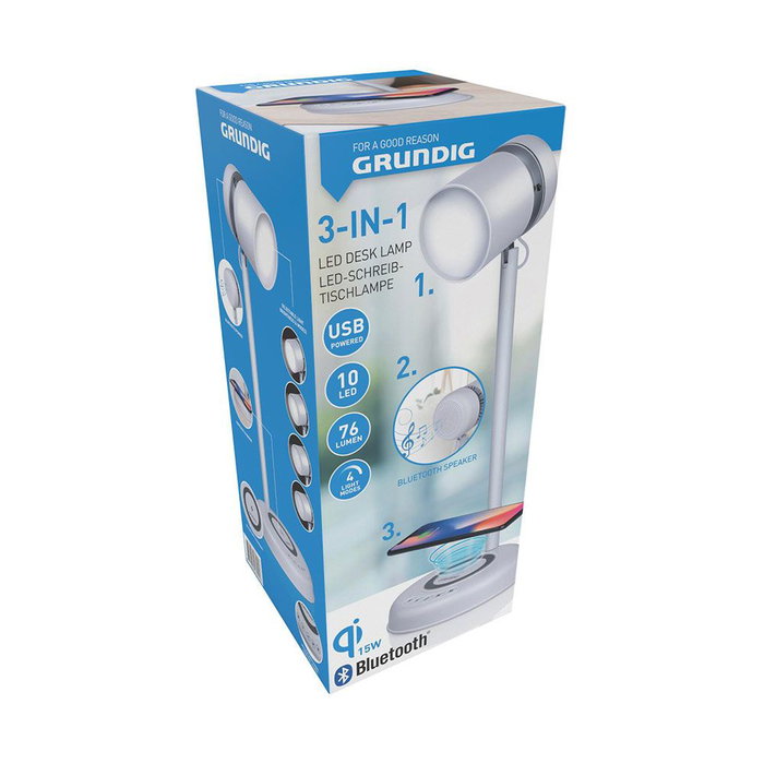 Grundig Lámpara de escritorio LED 3 en 1, Altavoz Bluetooth y Cargador Inalámbrico, Flexo 15W, Blanco