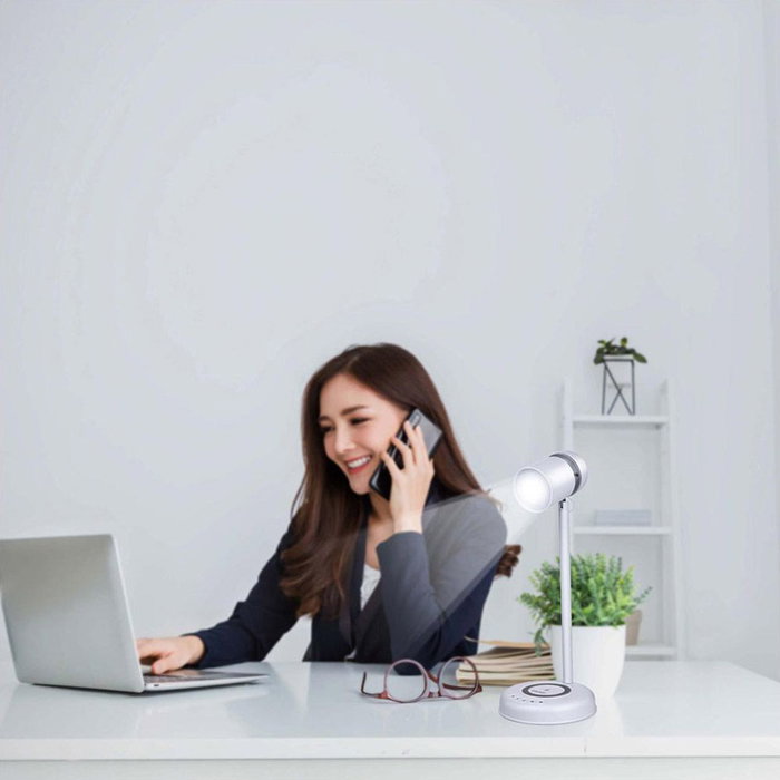 Grundig Lámpara de escritorio LED 3 en 1, Altavoz Bluetooth y Cargador Inalámbrico, Flexo 15W, Blanco