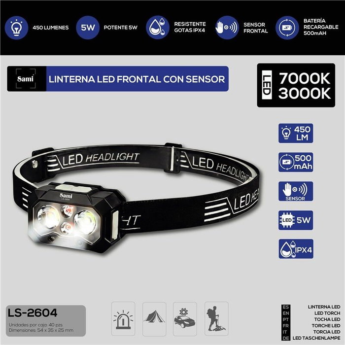 SAMI Sami Linterna LED FRONTAL con sensor 450LM 500mAH