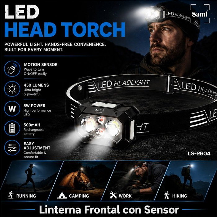 SAMI Sami Linterna LED FRONTAL con sensor 450LM 500mAH