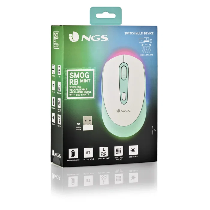 NGS SMOG MINT-RB Ratón Inalámbrico Recargable Verde Menta, 2400 DPI, RGB, Bluetooth y 2,4 GHz, Ambidextro, Clic Silencioso, 3 Botones, Blanco/Menta, con Batería Recargable USB-C NGS SMOG MINT-RB Ratón Inalámbrico Recargable Verde Menta, 2400 DPI, RGB, Bluetooth y 2,4 GHz, Ambidextro, Clic Silencioso, 3 Botones, Blanco/Menta, con Batería Recargable USB-C