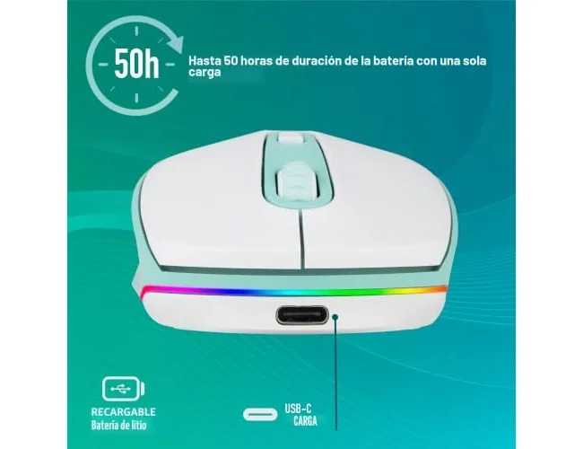 NGS SMOG MINT-RB Ratón Inalámbrico Recargable Verde Menta, 2400 DPI, RGB, Bluetooth y 2,4 GHz, Ambidextro, Clic Silencioso, 3 Botones, Blanco/Menta, con Batería Recargable USB-C NGS SMOG MINT-RB Ratón Inalámbrico Recargable Verde Menta, 2400 DPI, RGB, Bluetooth y 2,4 GHz, Ambidextro, Clic Silencioso, 3 Botones, Blanco/Menta, con Batería Recargable USB-C