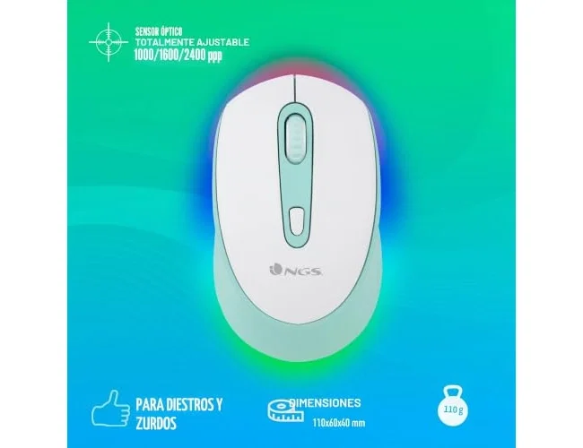 NGS SMOG MINT-RB Ratón Inalámbrico Recargable Verde Menta, 2400 DPI, RGB, Bluetooth y 2,4 GHz, Ambidextro, Clic Silencioso, 3 Botones, Blanco/Menta, con Batería Recargable USB-C NGS SMOG MINT-RB Ratón Inalámbrico Recargable Verde Menta, 2400 DPI, RGB, Bluetooth y 2,4 GHz, Ambidextro, Clic Silencioso, 3 Botones, Blanco/Menta, con Batería Recargable USB-C