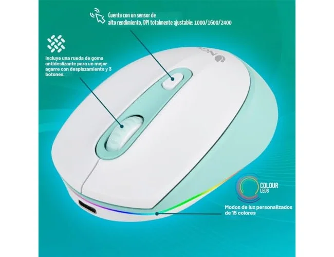 NGS SMOG MINT-RB Ratón Inalámbrico Recargable Verde Menta, 2400 DPI, RGB, Bluetooth y 2,4 GHz, Ambidextro, Clic Silencioso, 3 Botones, Blanco/Menta, con Batería Recargable USB-C NGS SMOG MINT-RB Ratón Inalámbrico Recargable Verde Menta, 2400 DPI, RGB, Bluetooth y 2,4 GHz, Ambidextro, Clic Silencioso, 3 Botones, Blanco/Menta, con Batería Recargable USB-C
