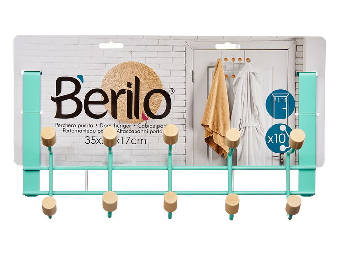 Berilo Percha Metal 10 Ganchos Madera Color Menta Verde 35x17x15 cm (Set de 6)