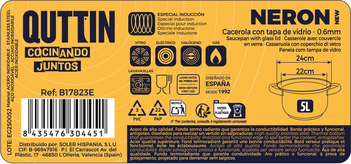 New Neron Cacerola de Acero Inoxidable con Tapa 22 cm (5 L) (6 Unidades)