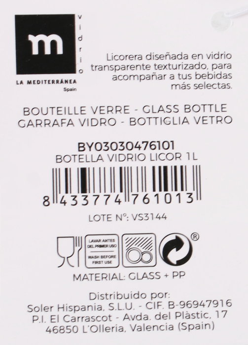 La Mediterranea Botella de Vidrio para Licor 1L (Pack de 12 unidades)​