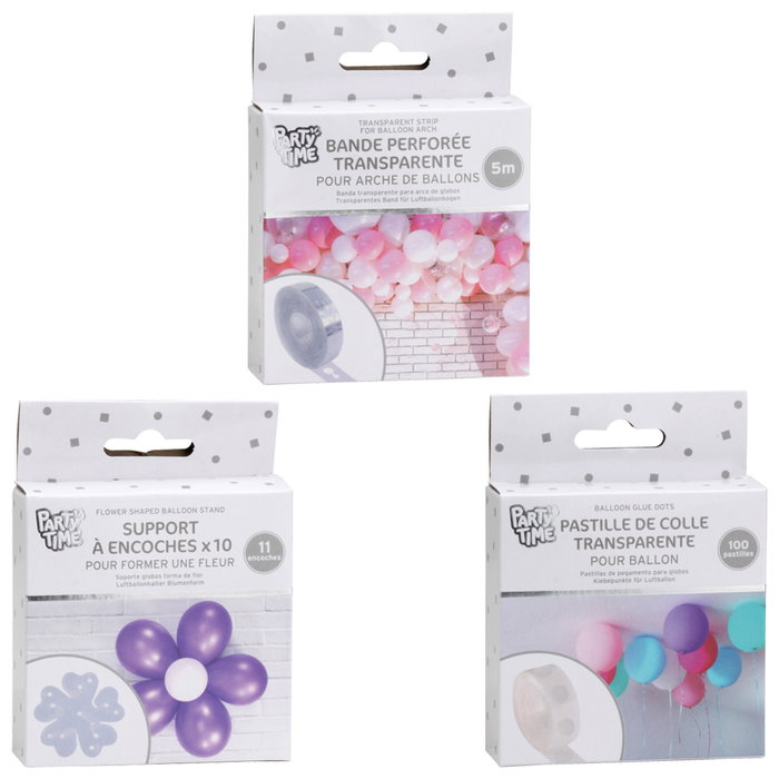 Party Time Soportes para Globos - Kit para Decoración de Eventos con Tira Perforada y Pastillas Adhesivas