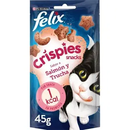 Purina Felix Crispies Snack para Gato Sabor Salmón y Trucha con Proteínas y Omega 6 - 8 Bolsitas de 45 g