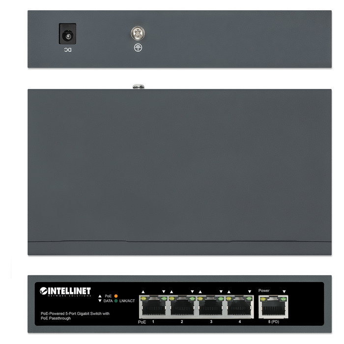 Intellinet Switch Gigabit 5 Puertos con PoE Passthrough, 1 Puerto PD PoE++ 95W y 4 Puertos PSE PoE, Montaje Pared o Mesa, 65W Presupuesto PoE, Conmutador de Red 10/100/1000