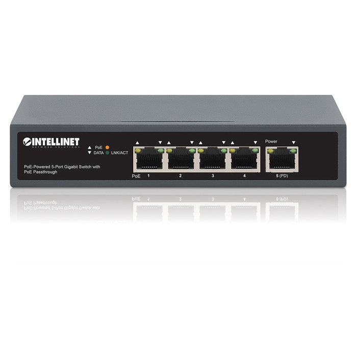 Intellinet Switch Gigabit 5 Puertos con PoE Passthrough, 1 Puerto PD PoE++ 95W y 4 Puertos PSE PoE, Montaje Pared o Mesa, 65W Presupuesto PoE, Conmutador de Red 10/100/1000