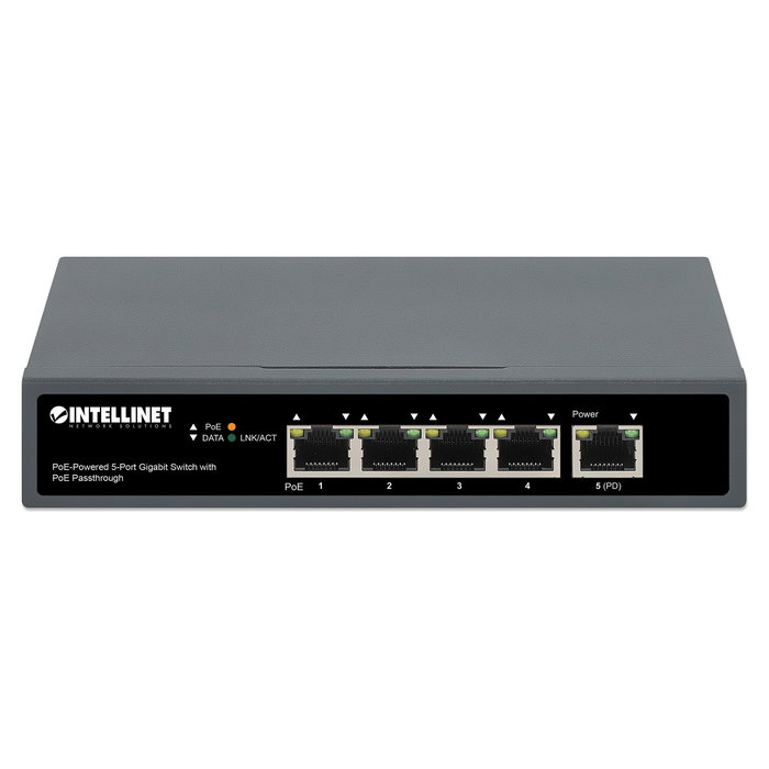 Intellinet Switch Gigabit 5 Puertos con PoE Passthrough, 1 Puerto PD PoE++ 95W y 4 Puertos PSE PoE, Montaje Pared o Mesa, 65W Presupuesto PoE, Conmutador de Red 10/100/1000