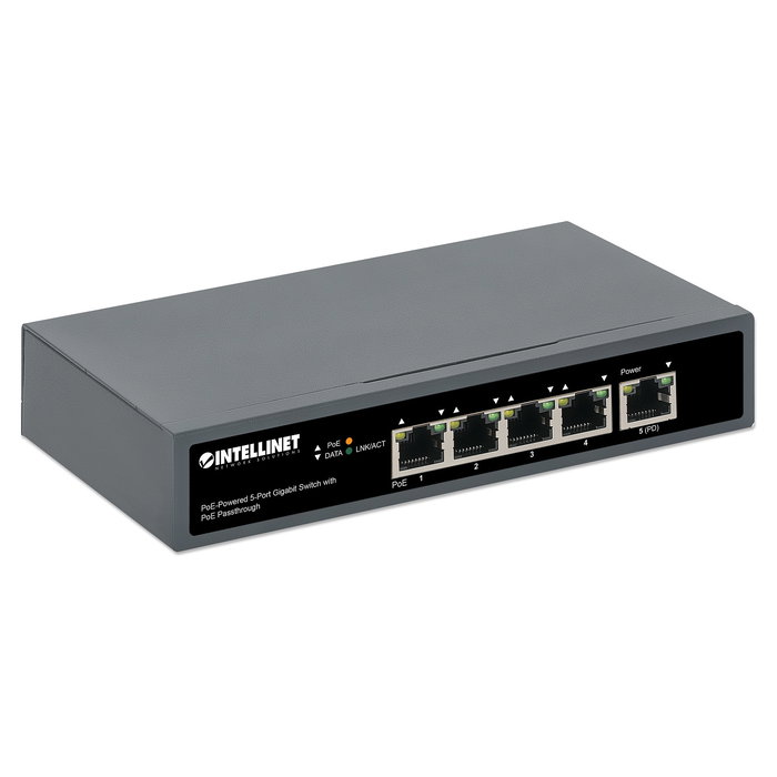 Intellinet Switch Gigabit 5 Puertos con PoE Passthrough, 1 Puerto PD PoE++ 95W y 4 Puertos PSE PoE, Montaje Pared o Mesa, 65W Presupuesto PoE, Conmutador de Red 10/100/1000