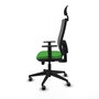 Silla de oficina Horna con mecanismo Sincro/Traslack tapizada con Tela color Verde y malla color Gris. Equipada con lumbar 1D, Brazos 1D, Cabecero Fijo y Ruedas 65 mm parqué