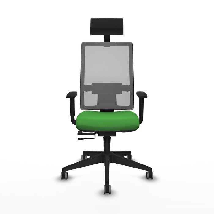 Silla de oficina Horna con mecanismo Sincro/Traslack tapizada con Tela color Verde y malla color Gris. Equipada con lumbar 1D, Brazos 1D, Cabecero Fijo y Ruedas 65 mm parqué