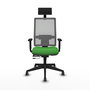 Silla de oficina Horna con mecanismo Sincro/Traslack tapizada con Tela color Verde y malla color Gris. Equipada con lumbar 1D, Brazos 1D, Cabecero Fijo y Ruedas 65 mm parqué