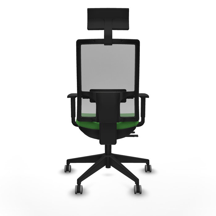 Silla de oficina Horna con mecanismo Sincro/Traslack tapizada con Tela color Verde y malla color Gris. Equipada con lumbar 1D, Brazos 1D, Cabecero Fijo y Ruedas 65 mm parqué