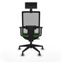 Silla de oficina Horna con mecanismo Sincro/Traslack tapizada con Tela color Verde y malla color Gris. Equipada con lumbar 1D, Brazos 1D, Cabecero Fijo y Ruedas 65 mm parqué