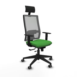 Silla de oficina Horna con mecanismo Sincro/Traslack tapizada con Tela color Verde y malla color Gris. Equipada con lumbar 1D, Brazos 1D, Cabecero Fijo y Ruedas 65 mm parqué