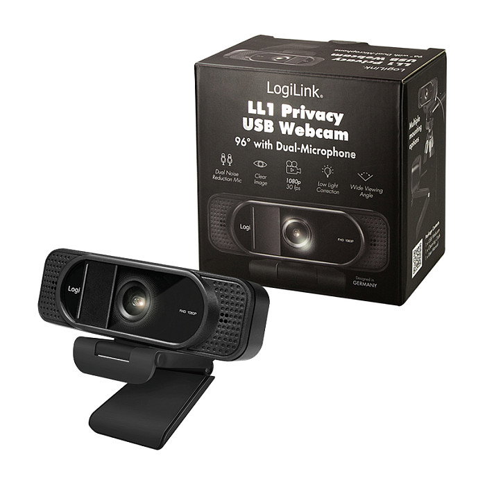 LogiLink Webcam 1080p FHD UA0381 con Micrófono, 96 Grados Ángulo de Visión, Resolución 1920 x 1080 Pixeles a 30 pps, Compatible con Windows, Mac, Linux, ChromeOS, Color Negro