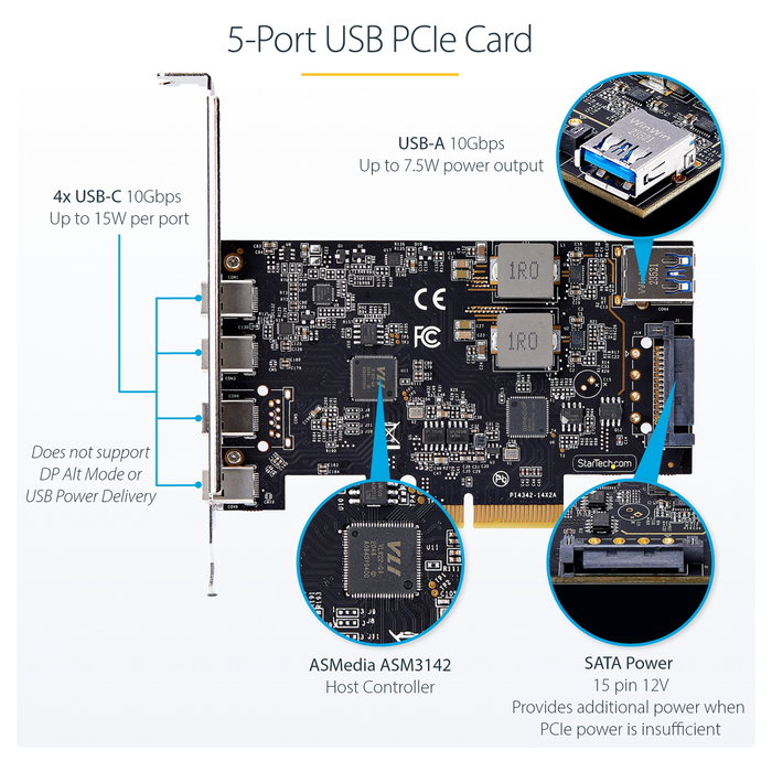 StarTech.com Tarjeta PCIe de 5 Puertos USB 10Gbps (4x USB-C / 1x USB-A) StarTech.com Tarjeta PCIe de 5 Puertos USB 10Gbps (4x USB-C / 1x USB-A)