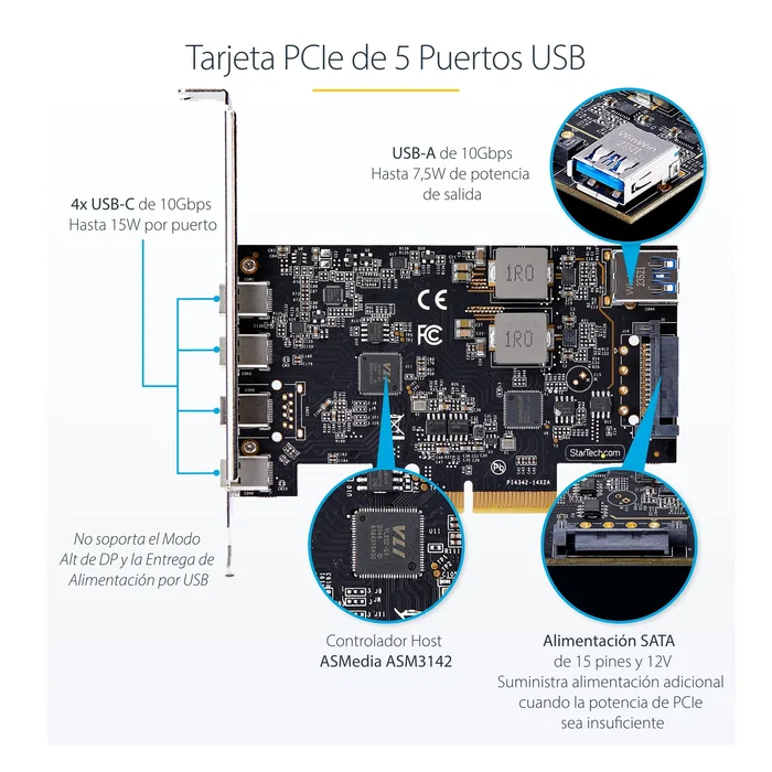 StarTech.com PS4C3IA3-USB-C-CARD Tarjeta PCIe USB 3.2 Gen 2 de 10 Gbps - 4 Puertos USB-C + 1 USB-A Interno - Hub/Controladora Interna - Compatible con Windows, macOS, Linux